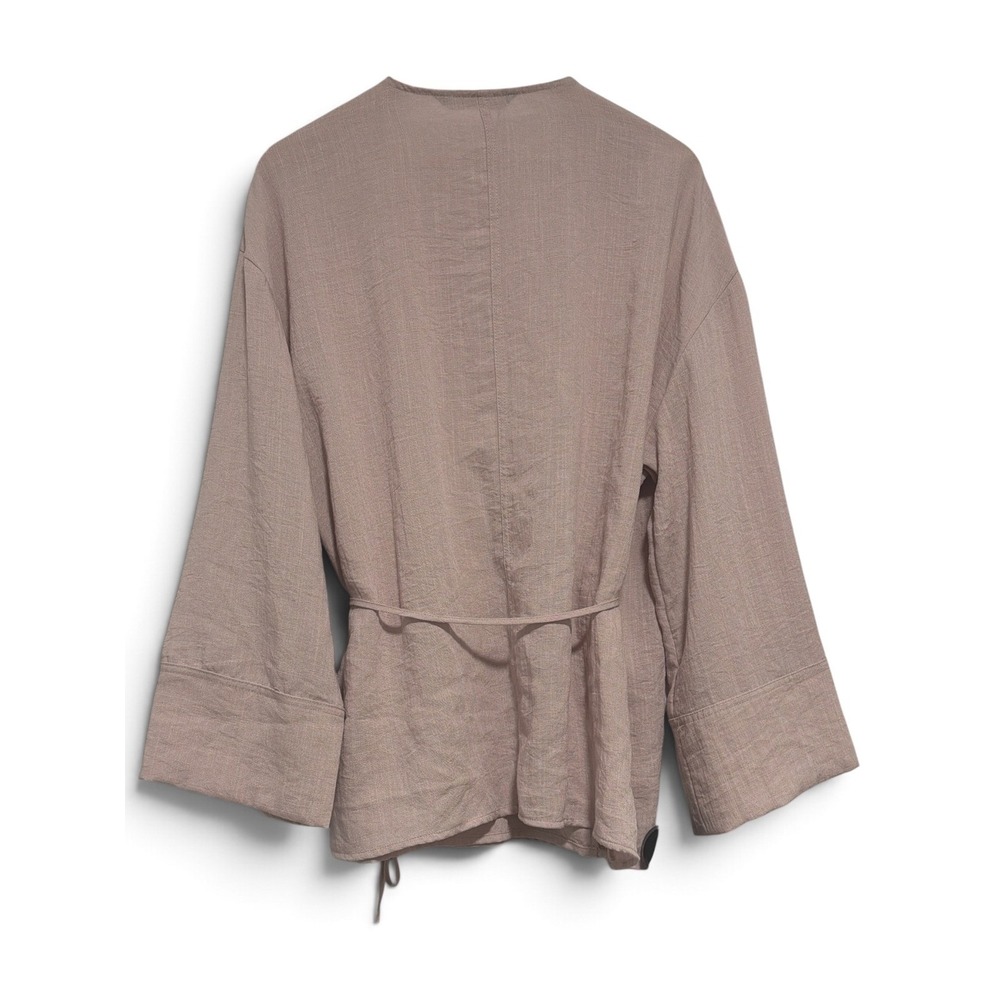 Zara Women Blush Pink Linen Blend Wrap Top Long Sleeve Kimono Style NWOT Medium - Picture 4 of 14
